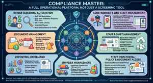 Compliance Master infographic showing BS7858 screening automation, lone worker and line staff management, document management, staff and shift management, reporting on demand, supplier management, and staff own portal features