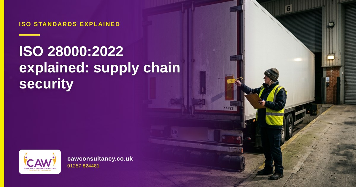 Security officer checking the seal on a lorry trailer at a warehouse loading bay at dusk
