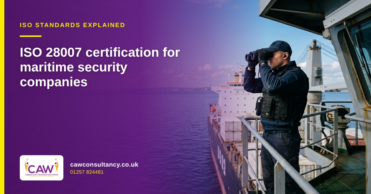 Maritime security officer scanning the sea with binoculars from the bridge wing of a cargo ship
