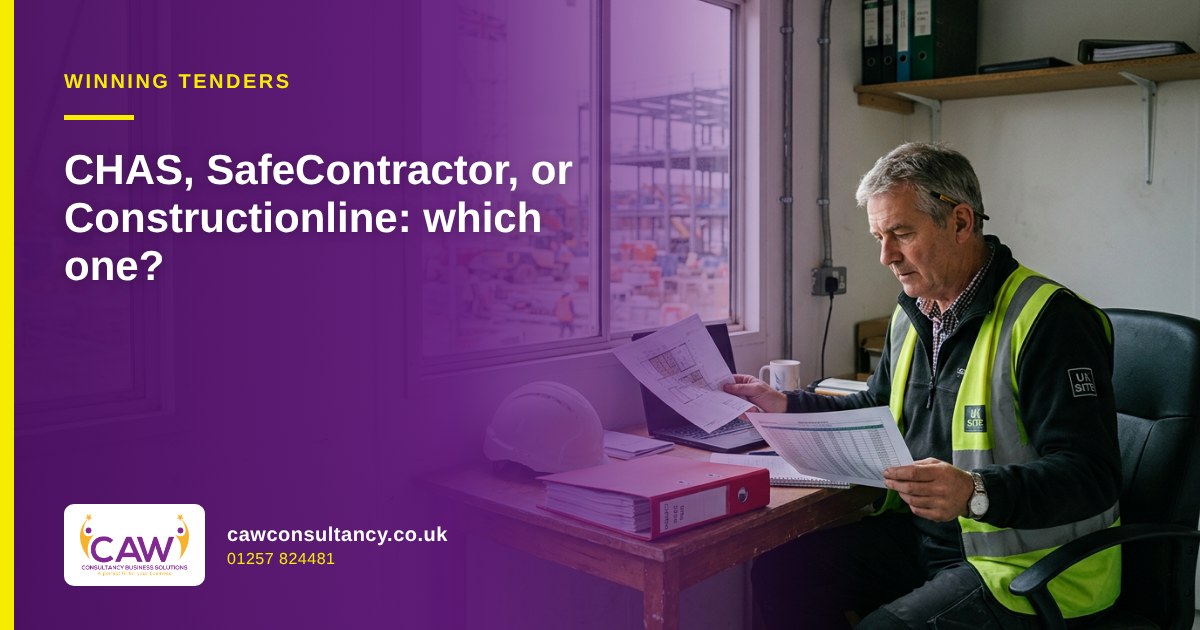 Site manager in hi-vis comparing prequalification documents in a site cabin
