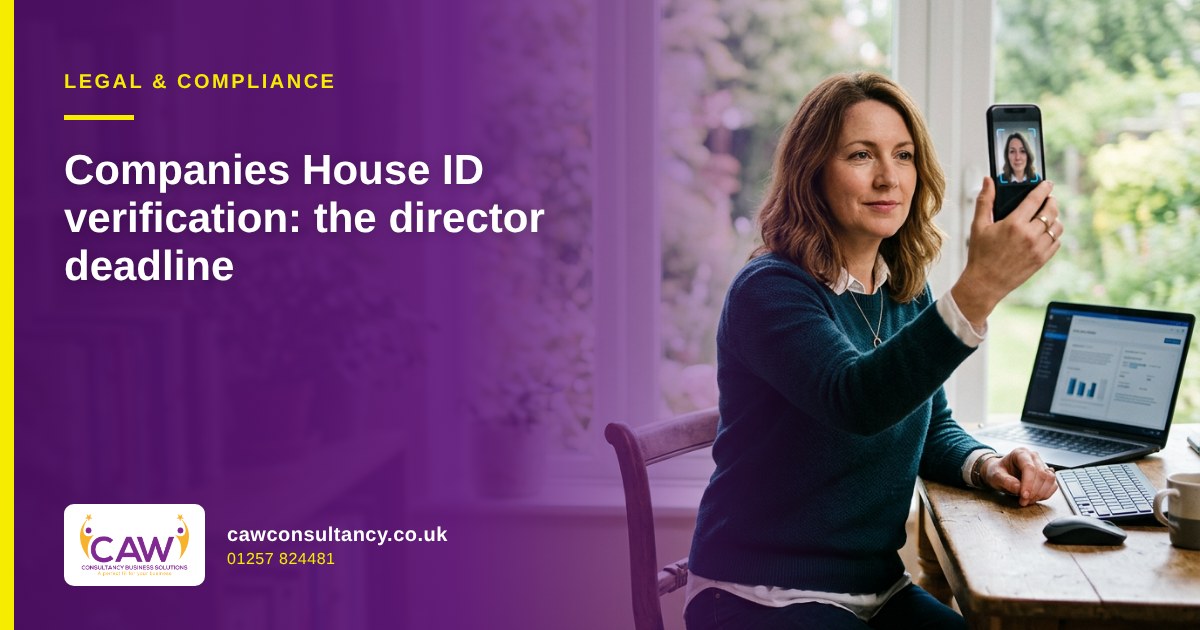 Company director verifying her identity with a smartphone at a home office desk