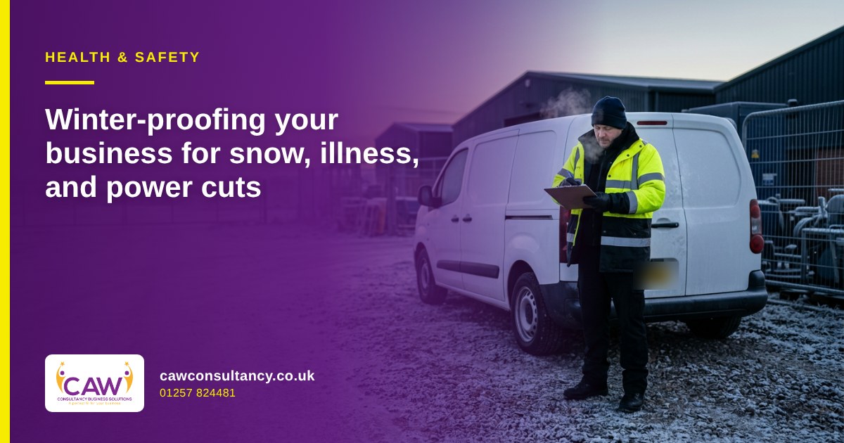 Security officer with a clipboard beside a van on a frosty industrial estate at dawn